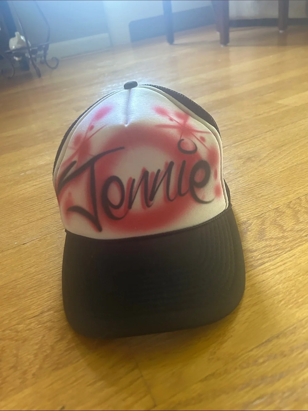 Custom Jennie Red & Black Trucker Hat - Personalized Airbrush Style